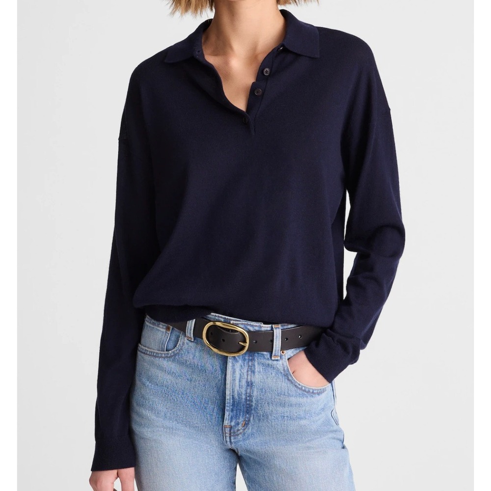 Madewell Drop-Shoulder Polo Sweater Womens L Navy Merino Wool Preppy Academia